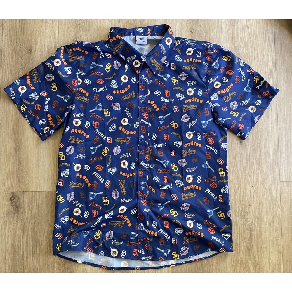 San Diego Padres MLB BDA Men’s Large Button Up Shirt All Over Logo Polyester